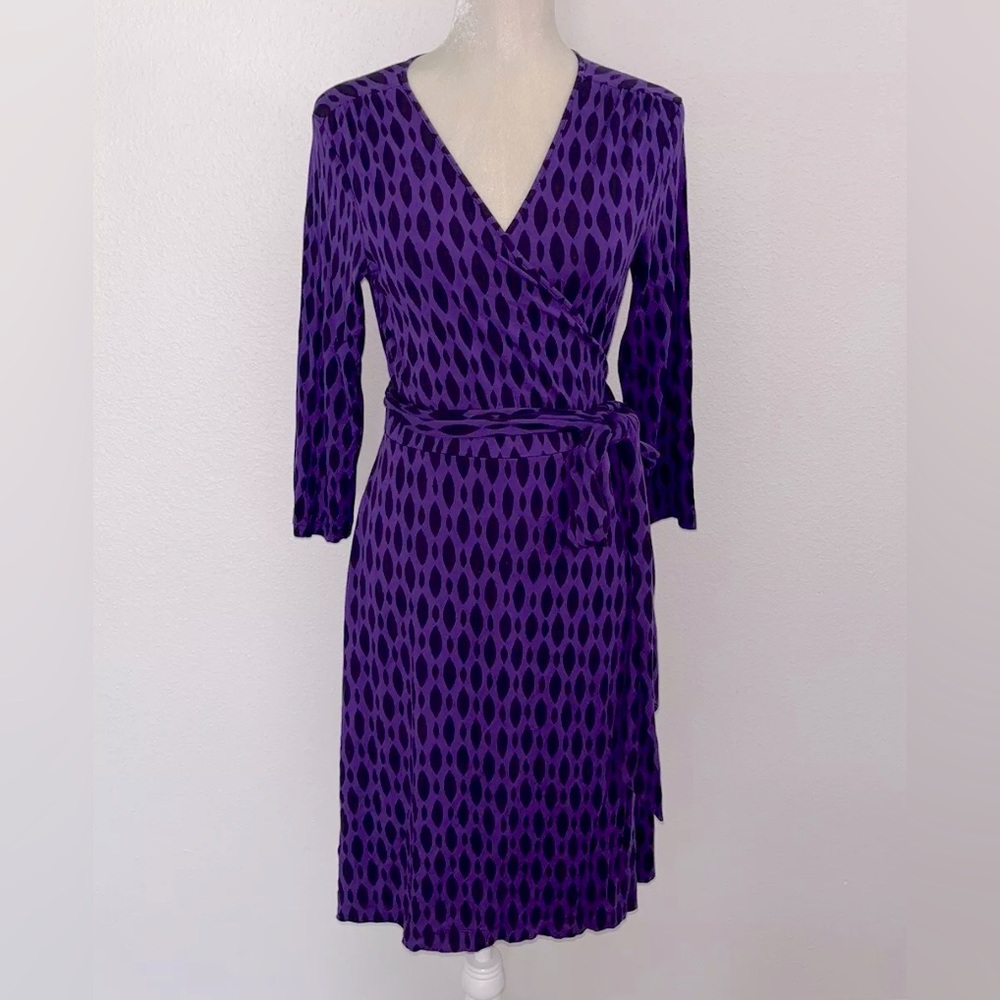 Banana Republic Purple Geometric Tie Wrap Sheath Dress Jersey Knit Stretch Small